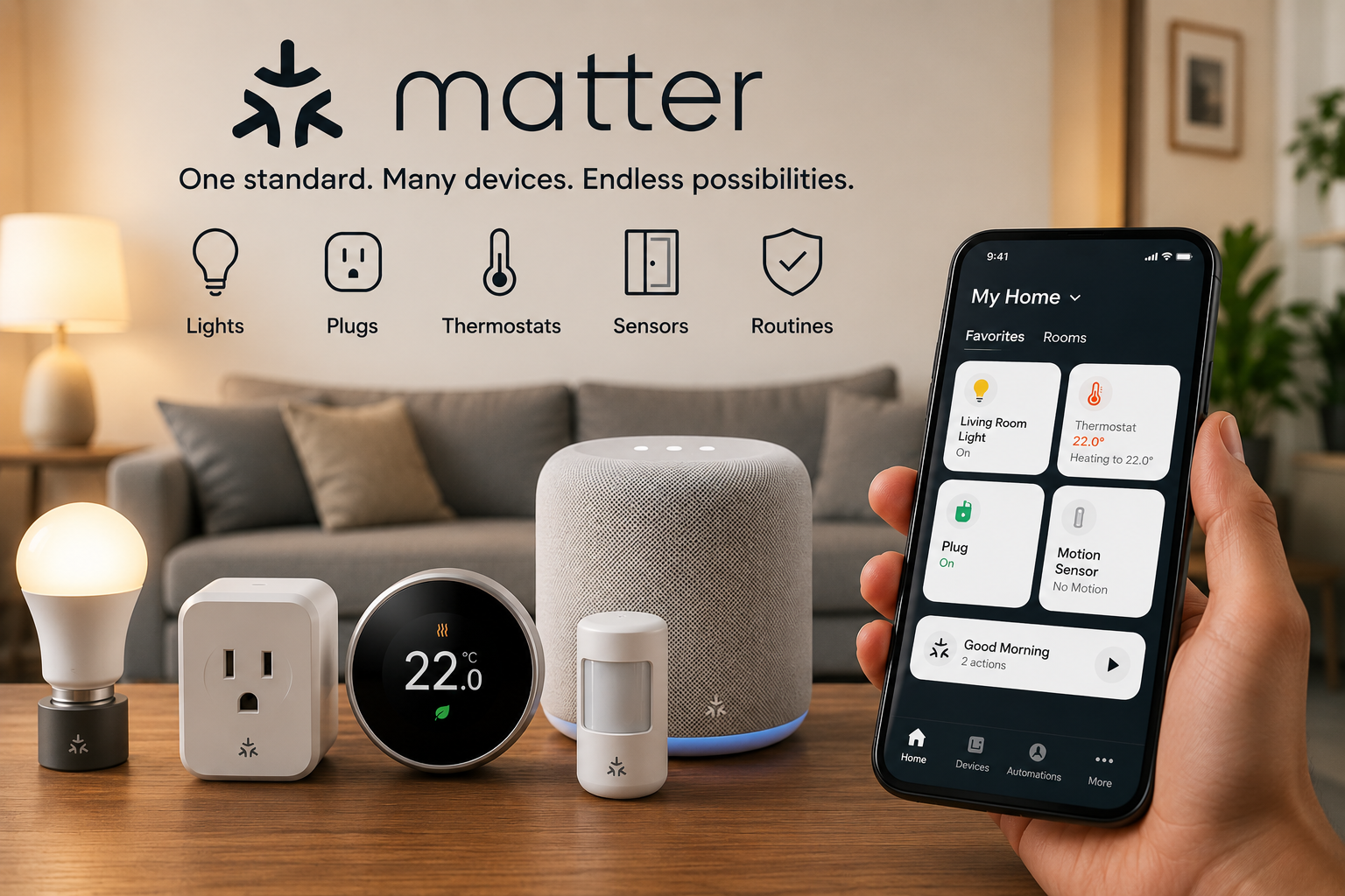 Matter smart home standard — one standard, many devices including lights, plugs, thermostats, sensors and routines, all controlled from a smartphone app
